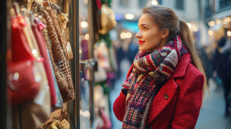 A young woman experiences the joy of holiday shopping while admiring a festive window display. She showcases elegant style with a red coat and cozy scarf.の素材