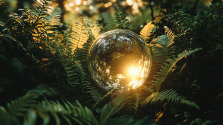 A mesmerizing sphere rests among vibrant ferns, capturing soft golden light in a serene forest. This enchanting scene showcases the beauty and tranquility of nature.の素材