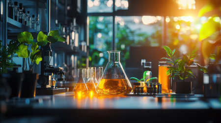 A captivating scene of a laboratory with warm sunlight filtering through, illuminating glassware and vibrant green plants, showcasing a harmonious blend of science and nature.の素材