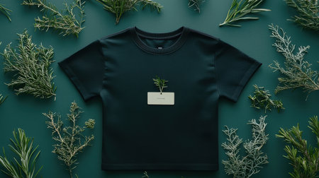 A minimalist t-shirt rests on a dark green surface, adorned with fresh herbs around it. This image highlights eco-friendly fashion and sustainable living ideals.の素材