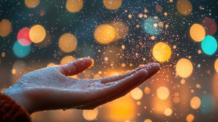 A close-up of a human hand reaching out to catch shimmering raindrops, set against a vibrant bokeh background filled with soft glowing lights.の素材