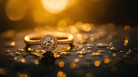 A stunning golden ring featuring a brilliant diamond shines amid glistening droplets and soft bokeh lights, creating a perfect scene for romantic moments.の素材