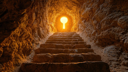 A captivating view of stone steps leading toward a glowing keyhole, surrounded by rugged cave walls. This scene evokes a sense of mystery and exploration.の素材