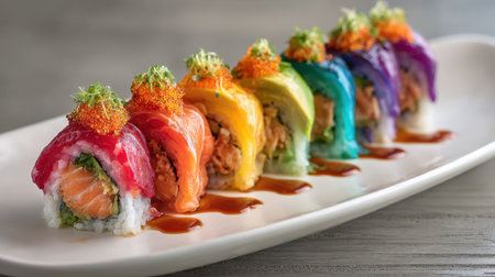 A stunning display of rainbow sushi rolls arranged artfully on a white plate. These vibrant creations highlight fresh seafood, colorful toppings, and artistic presentation.の素材