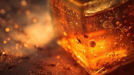 This close-up image captures a golden liquid within a glass container, showcasing bubbles and shimmering dust that create a warm and inviting atmosphere, perfect for artistic projects.の素材