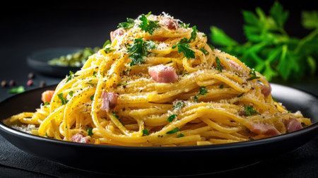 This beautiful pasta dish showcases a tangle of spaghetti coated in creamy sauce, topped with ham and garnished with fresh herbs for an enticing presentation.の素材