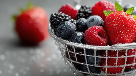 A close-up image of a metal bowl filled with fresh berries, including strawberries, raspberries, blueberries, and blackberries, showcasing droplets of water.の素材