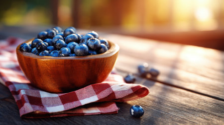 A stunning capture of fresh blueberries arranged in a rustic wooden bowl on a table. The red and white checkered cloth adds charm, complemented by warm natural light.の素材