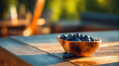 A rustic wooden bowl filled with fresh blueberries sits on a sunlit table, surrounded by a vibrant, green environment, perfect for showcasing healthy and organic food.の素材