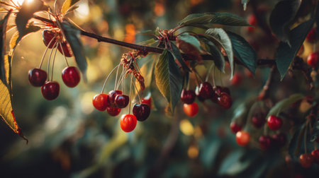 A picturesque view of fresh red cherries hanging from a leafy branch, illuminated by soft light, showcasing the beauty of nature's bounty in a peaceful orchard setting.の素材