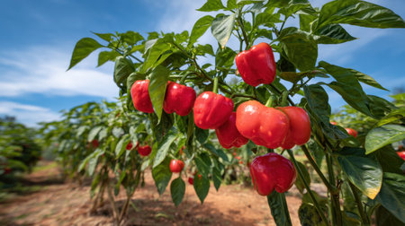 Fresh red bell peppers hang from lush green plants, basking in sunlight under a clear blue sky, showcasing the beauty of agricultural growth and vibrant produce.の素材