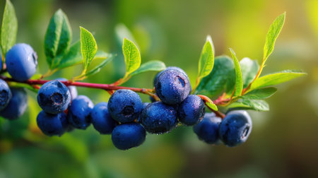 A close-up of fresh blueberries resting on a branch adorned with green leaves, glistening with morning dew, showcasing their vibrant color and natural beauty.の素材