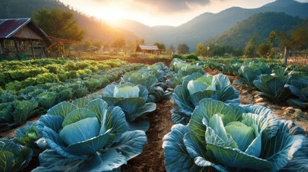 This image showcases a vibrant cabbage field during sunrise, surrounded by rolling hills and traditional farmhouses. Perfect for agricultural and nature themes.の素材