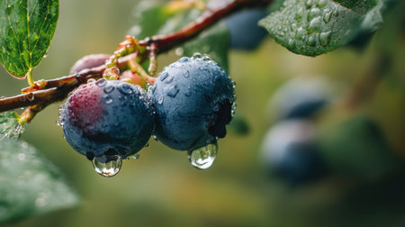 Close-up view of fresh blueberries on a branch, adorned with dewdrops, set against a backdrop of lush green leaves, highlighting the beauty of nature and healthy living.の素材