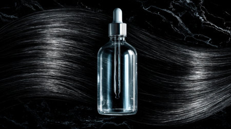 A striking clear glass dropper bottle rests on a dark marble surface, with luxurious black wavy hair strands next to it, representing beauty and elegance in cosmetic design.の素材