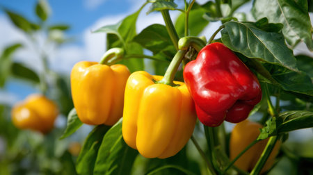 Close-up of fresh bell peppers, showcasing vibrant yellow and red varieties growing on plants. Ideal for healthy eating, cooking, and agricultural themes.の素材