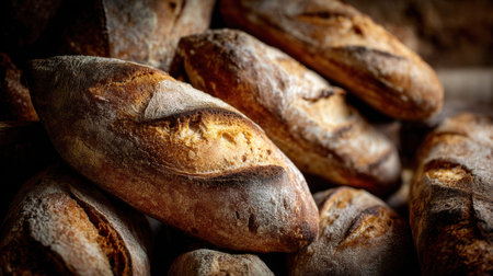 A close-up view of freshly baked artisan bread displayed in a rustic bakery setting, showcasing the unique textures and golden crusts that highlight natural ingredients.の素材