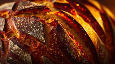 This close-up image captures the intricate details of a freshly baked artisan bread, showcasing its crispy crust and golden texture, ideal for culinary inspiration.の素材