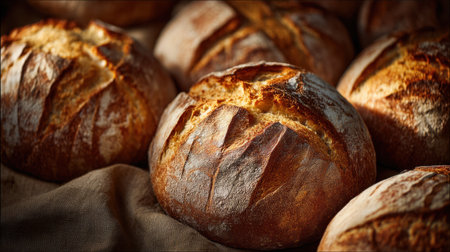 A collection of freshly baked artisan bread rolls featuring a crispy crust and soft interior, beautifully arranged on a rustic cloth, perfect for various culinary uses.の素材