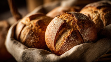 A close-up of freshly baked artisan bread rolls arranged in a rustic basket, showcasing warm colors, textures, and a cozy baking atmosphere perfect for culinary inspiration.の素材