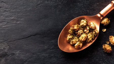 Close-up view of organic hops in a copper spoon, set against a dark slate background. Perfect visual for brewing enthusiasts and culinary creatives inspired by nature.の素材