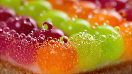 A vibrant close-up of colorful fruit jelly featuring a sparkling texture with tiny bubbles, ideal for showcasing sweet treats and refreshing dessert concepts.の素材