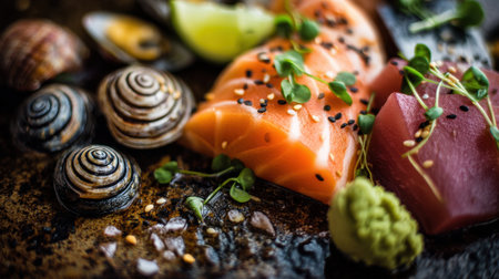 A stunning seafood platter featuring fresh salmon and tuna sashimi, accompanied by wasabi and gourmet shellfish. Ideal for food photography and culinary showcases.の素材