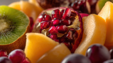 A vibrant close-up of fresh fruits, showcasing kiwi, pomegranate, grapes, and melon, perfect for illustrating healthy eating and nutrition themes.の素材