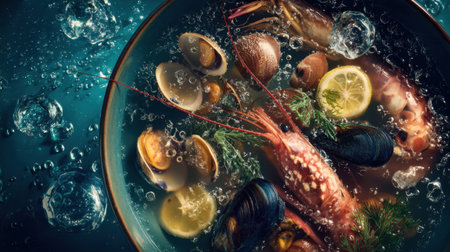 A stunning seafood platter featuring shrimp, clams, and mussels is submerged in water, with bubbles creating an inviting and fresh culinary scene.の素材