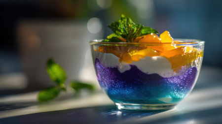 A beautiful layered dessert in a glass bowl, featuring vibrant colors of blue and purple topped with creamy layers, fresh orange fruits, and mint leaves.の素材