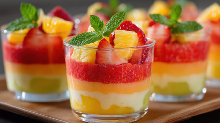 Vibrant layered fruit parfaits featuring strawberries, pineapple, and mint in clear glass cups. A delightful and refreshing summer dessert perfect for occasions.の素材