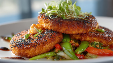 A delicious plate of crispy vegetable patties garnished with microgreens and served alongside colorful stir-fried vegetables, perfect for any meal occasion.の素材