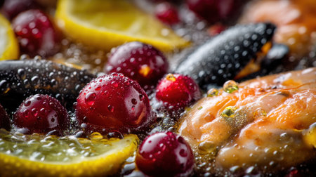 Close-up image capturing the richness of seafood, berries, and citrus in a broth, highlighting the textures, droplets, and vibrant colors for culinary enthusiasts.の素材