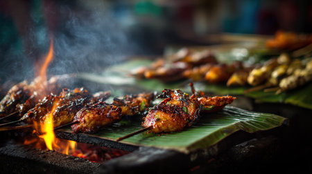 A vibrant image showcasing grilled chicken skewers over an open flame. The smoke and charred texture create an appetizing atmosphere in a lively outdoor market.の素材