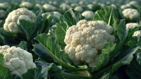 A vibrant view of fresh cauliflower heads growing in an organic farm setting. This image captures the beauty of nature and agricultural bounty under clear skies.の素材