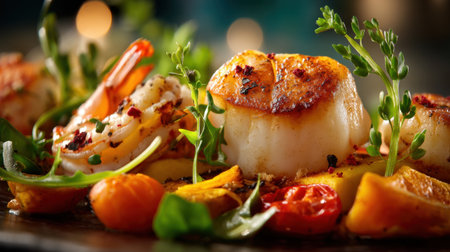 Discover a gourmet seafood dish featuring seared scallops and shrimp, beautifully arranged with colorful vegetables and herbs, creating an elegant dining experience.の素材
