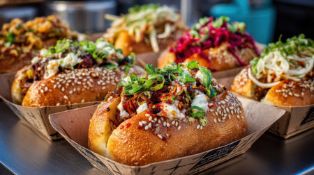 An assortment of gourmet hot dogs presented in paper baskets, each topped with a variety of fresh vegetables and flavorful sauces, perfect for food enthusiasts.の素材