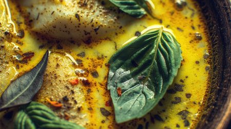 This detailed close-up image showcases fresh basil leaves immersed in a creamy yellow sauce with spices, highlighting the vibrant colors and textures of delicious cuisine.の素材
