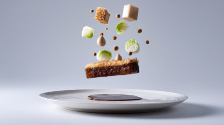 A visually stunning gourmet dish features a variety of ingredients floating above a plate, combining art and modern culinary techniques for a unique experience.の素材