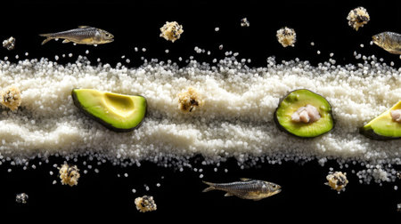 This stunning culinary arrangement showcases fresh avocado, fish, and sea salt artfully placed on a black background, highlighting textures and natural ingredients.の素材