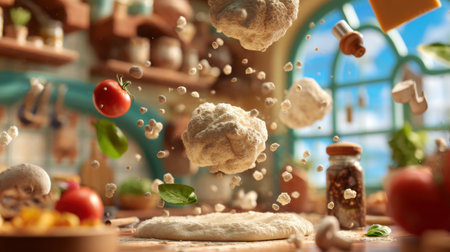 A dynamic composition showcasing flying pizza ingredients in a charming kitchen, highlighting freshness and culinary creativity, perfect for food enthusiasts.の素材