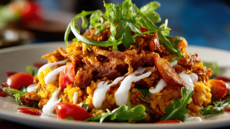A colorful rice dish featuring succulent shredded chicken, fresh herbs, cherry tomatoes, and a drizzle of creamy sauce, perfect for a hearty meal or festive gathering.の素材