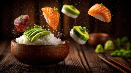A stunning display of sushi floats above a bowl of white rice, highlighting the vibrant colors and textures of salmon, tuna, avocado, and wasabi in a captivating setting.の素材