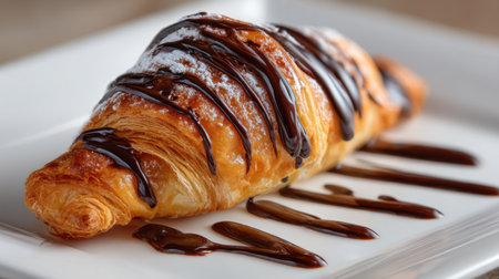 A beautifully plated chocolate croissant drizzled with rich chocolate sauce. Ideal for breakfast or dessert, this pastry is a delightful treat for any occasion.の素材