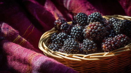 A beautifully arranged basket of fresh blackberries sits atop rich fabric, showcasing their lush appearance and highlighting their natural sweetness and freshness.の素材