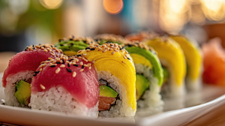 A close-up view of beautifully arranged sushi rolls, featuring fresh ingredients and vibrant toppings. Each roll is garnished with sesame seeds, inviting deliciousness.の素材