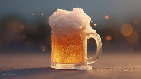 A beautifully crafted beer mug filled with amber liquid and topped with foamy froth. Captivating bubbles and droplets enhance the refreshing appearance in warm light.の素材