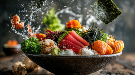 A stunning sushi bowl with an array of fresh fish, colorful vegetables, and artistic presentation. The vibrant ingredients create an appetizing splash against a dark background.の素材