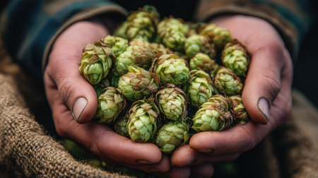 Close-up of hands holding freshly harvested green hops, showcasing the texture and natural beauty of this key ingredient for brewing and craft beer production.の素材
