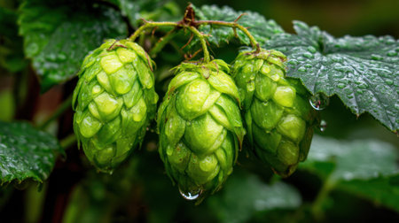 Close-up view of vibrant green hop cones glistening with raindrops, surrounded by lush leaves. This image captures the essence of nature, growth, and fresh ingredients.の素材